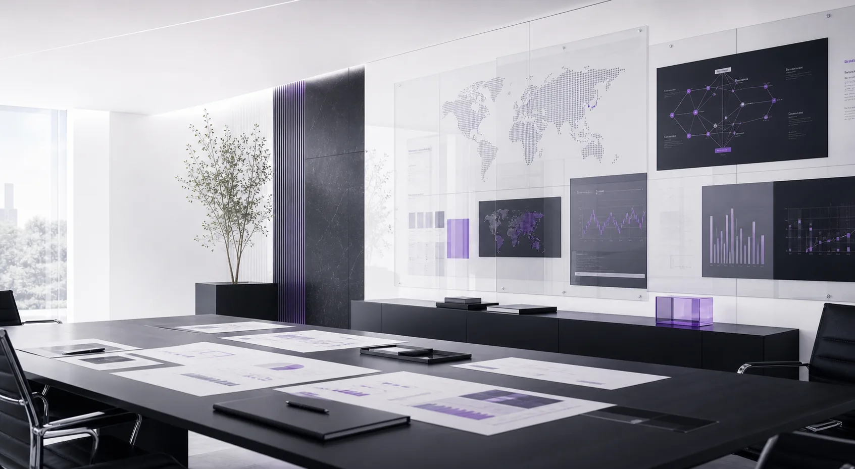 Executive consulting room with strategic marketing maps and leadership planning materials