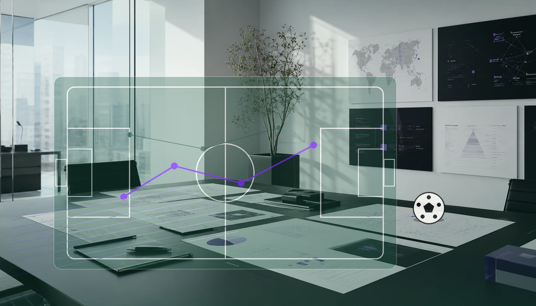 AI-generated brand positioning studio with football field alignment overlay