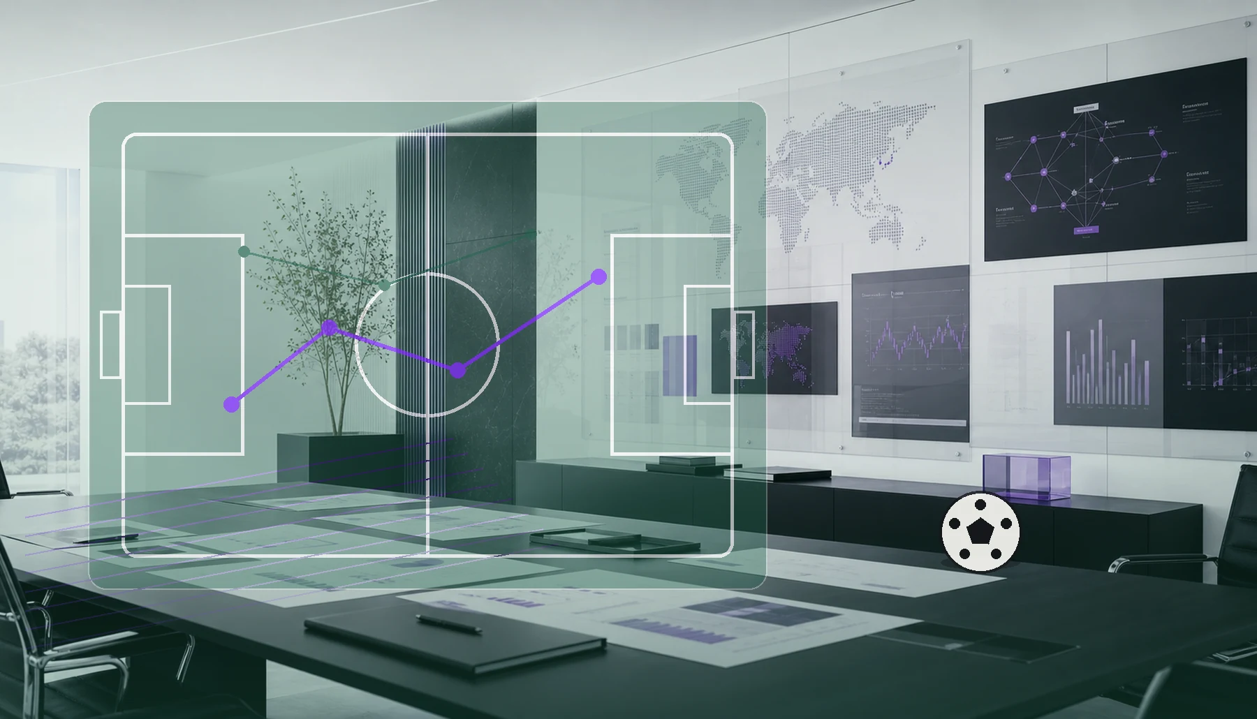 AI-generated leadership boardroom with football goal planning and strategic marketing alignment