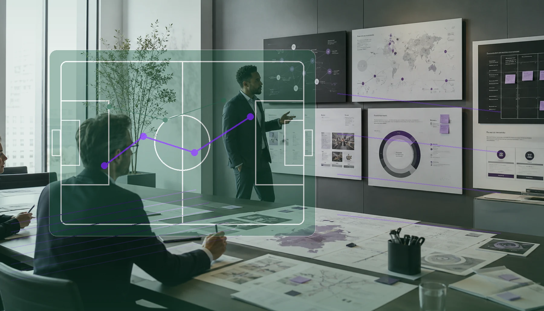 Football-inspired corporate marketing command center with campaign scorecards and strategic planning screens