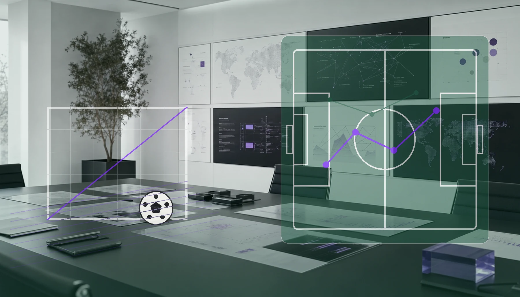 AI-generated goal-growth strategy room with football goal frame and marketing planning overlays