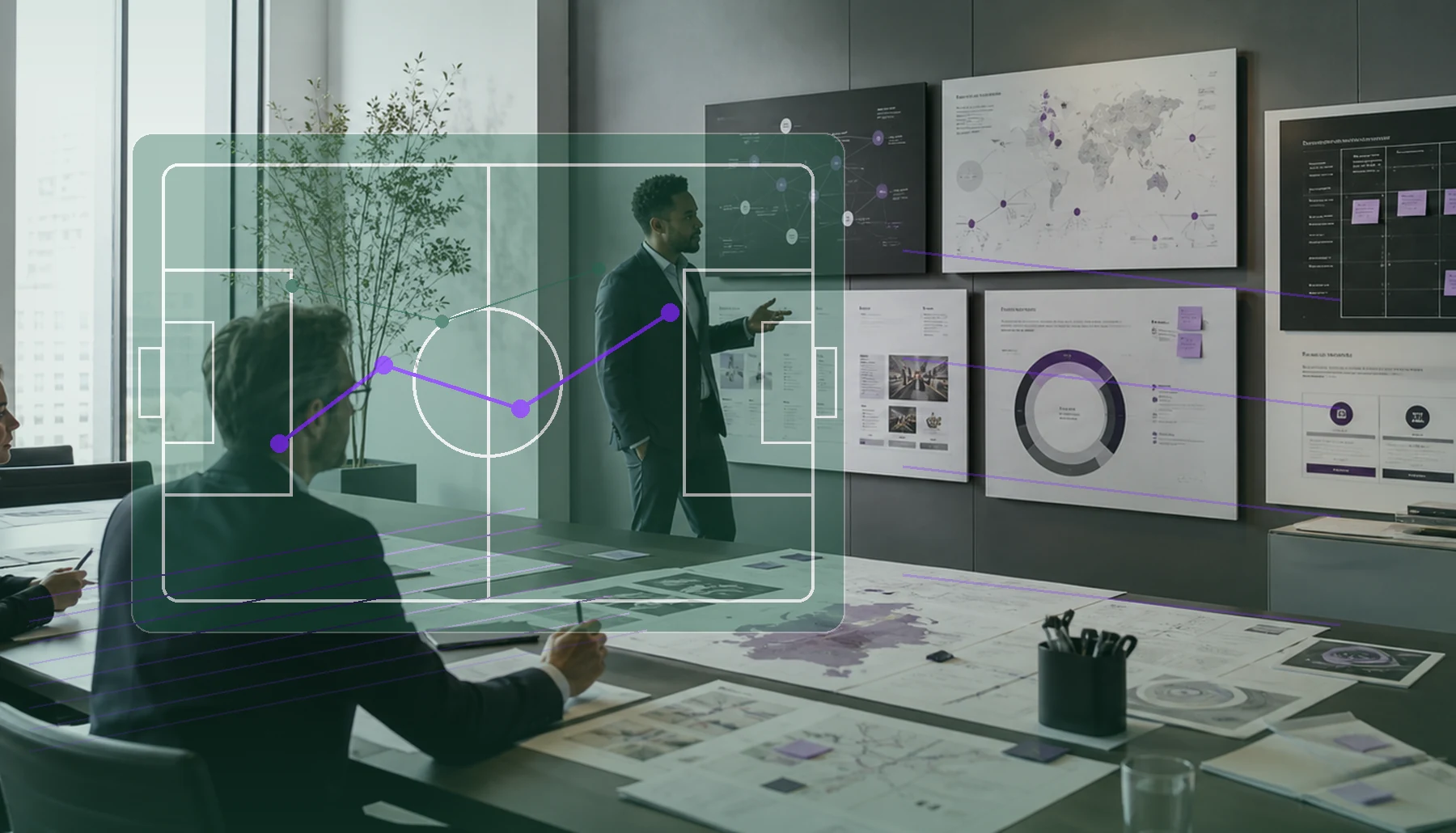 AI-generated engagement planning room with supporter journey routes and football strategy overlay