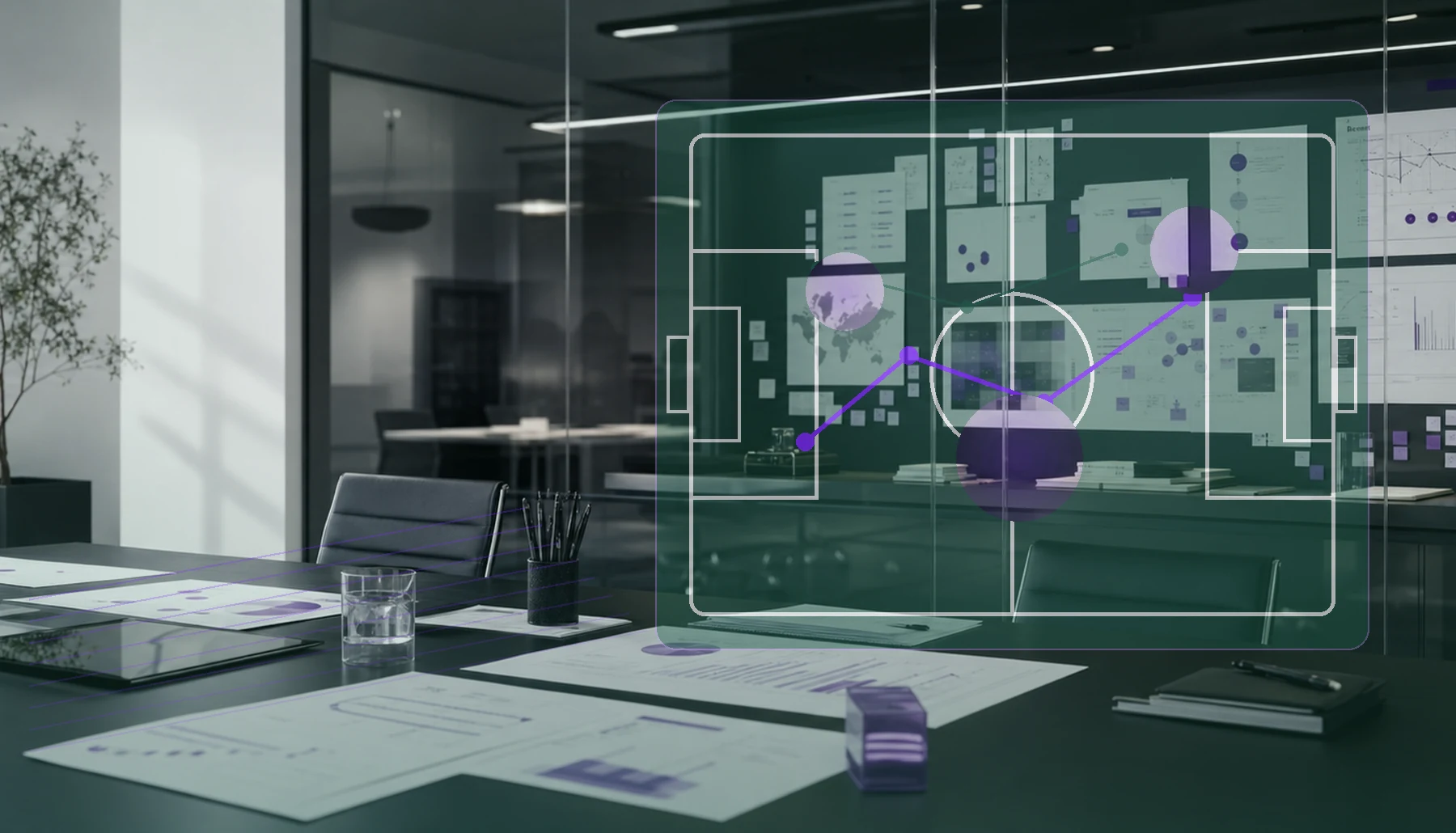 AI-generated executive intelligence room with market analytics and football strategy overlay
