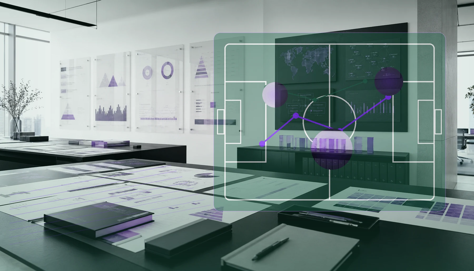 AI-generated consulting command room with service planning and football tactics overlay