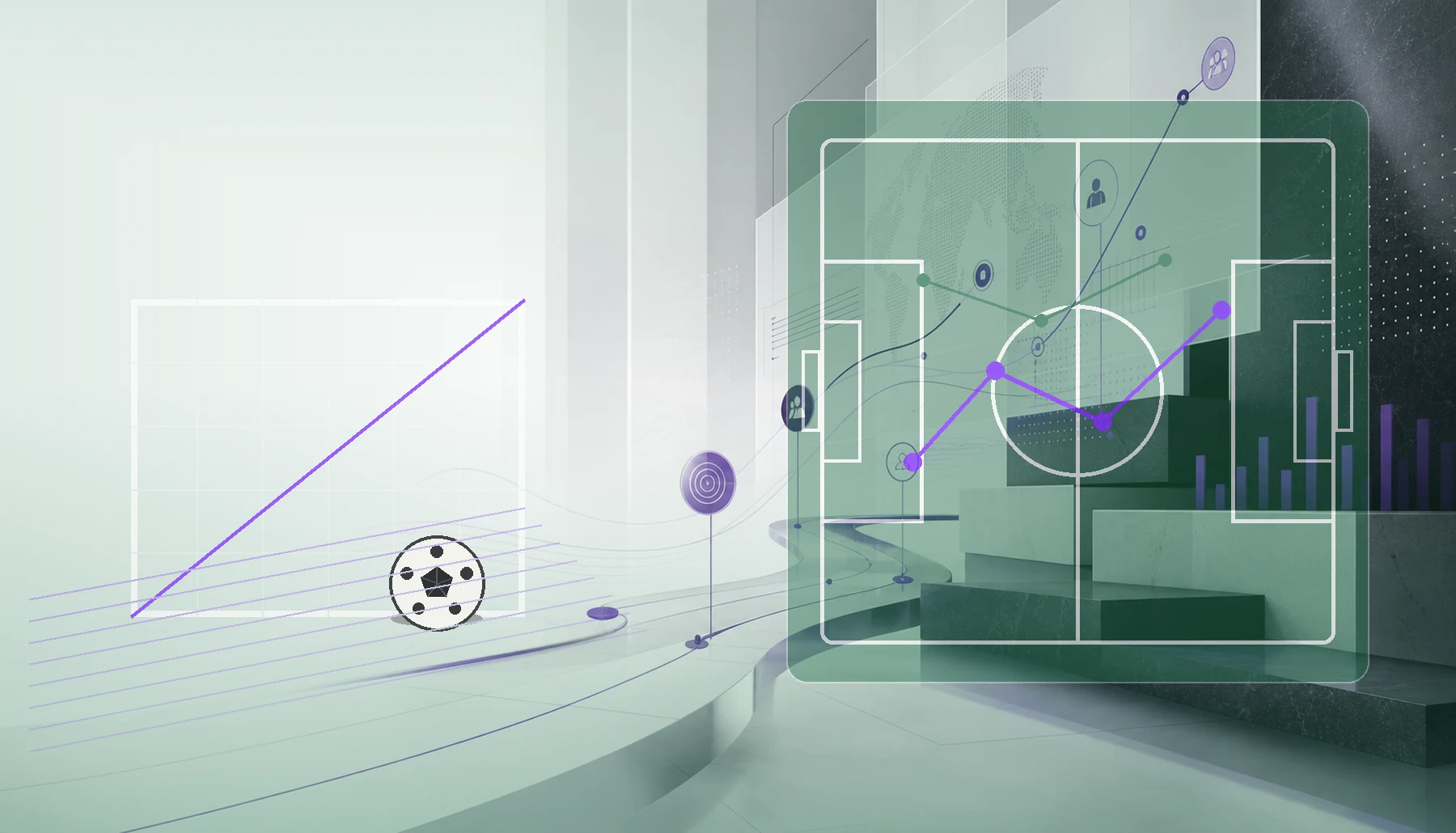 AI-generated growth planning room with football goal system and marketing momentum overlay