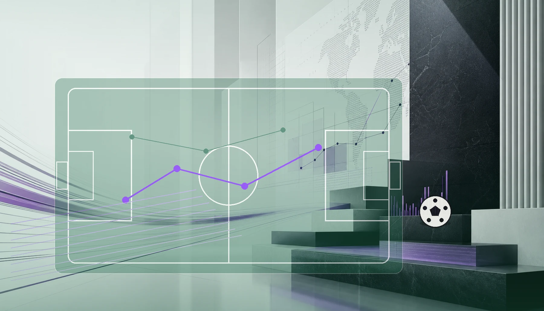 AI-generated abstract corporate strategy environment with football pitch planning overlay