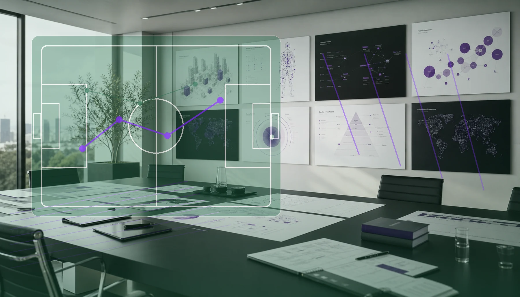 AI-generated industry strategy room with sector boards and football pitch planning overlay