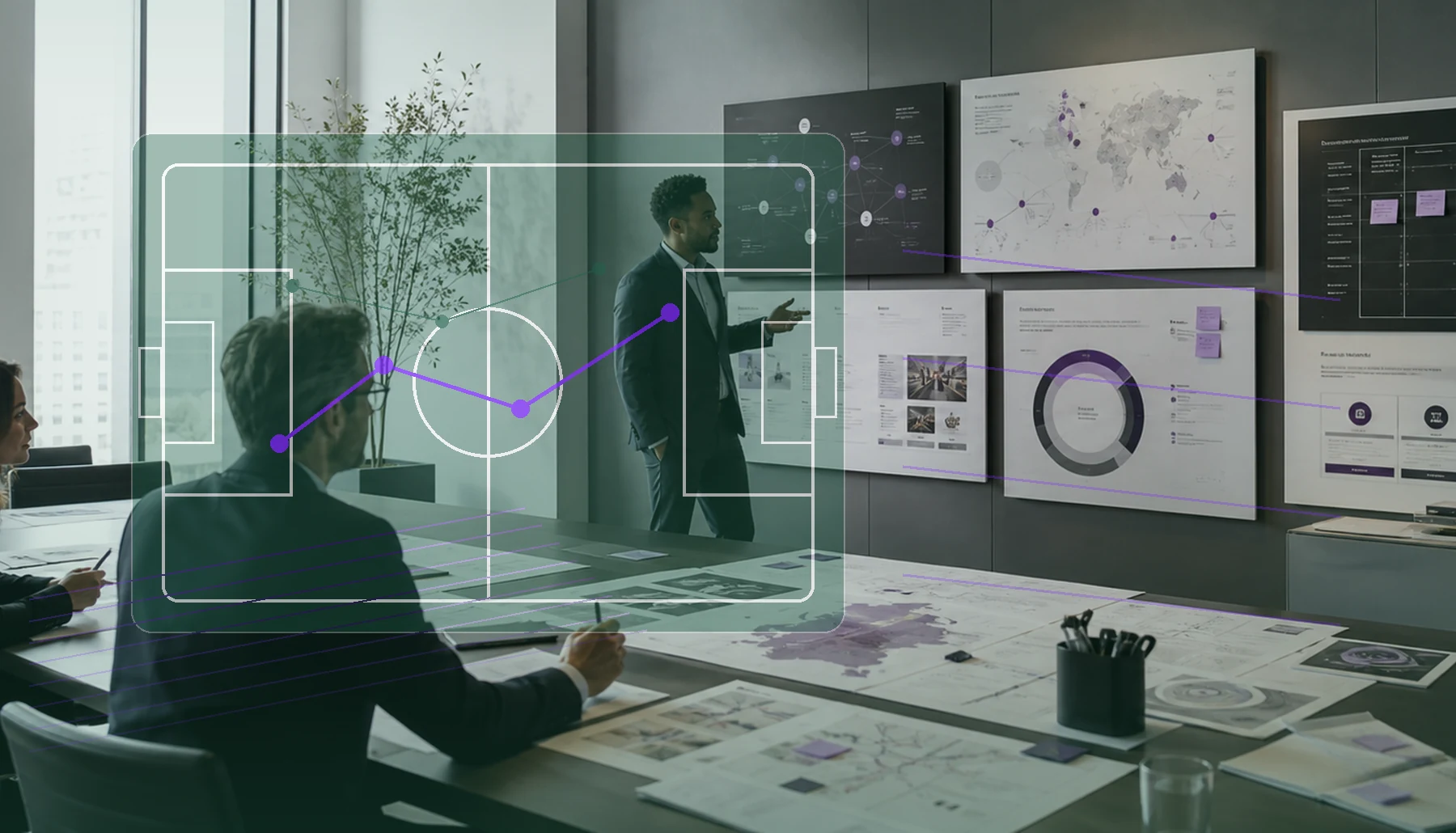 AI-generated multi-industry planning room with supporter routes and football marketing overlay