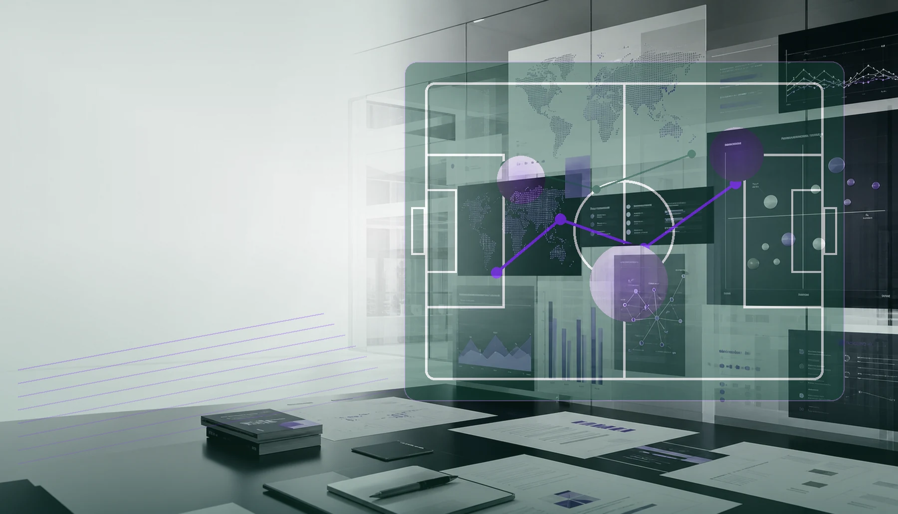 AI-generated insights command room with football pitch and marketing intelligence overlay