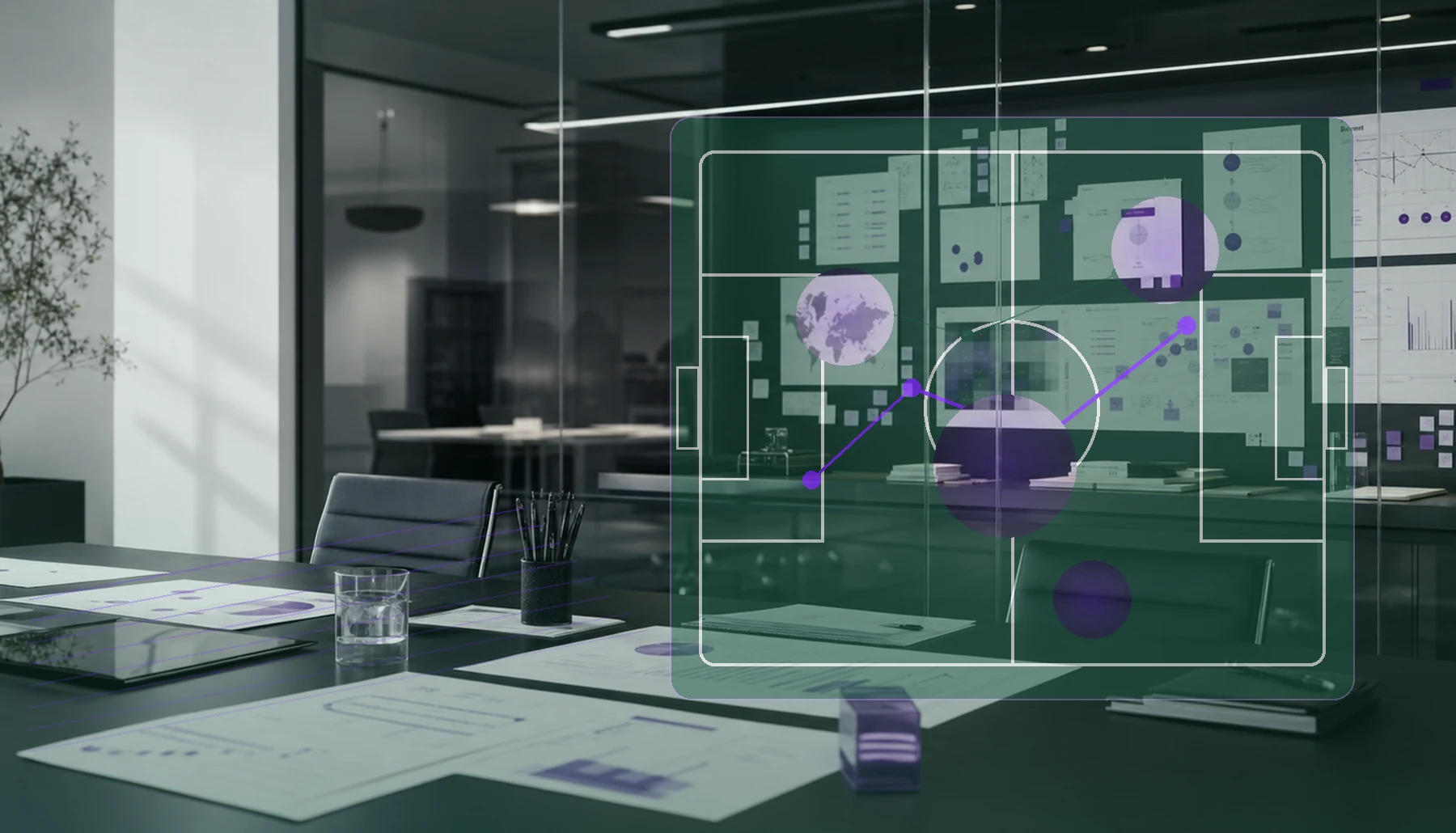 AI-generated scouting analytics room with football heatmap and category intelligence