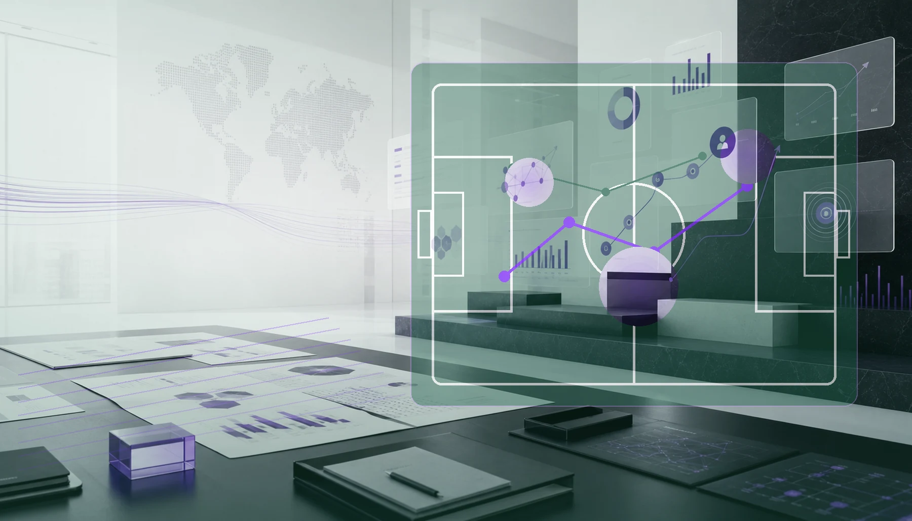 AI-generated service ecosystem room with football pitch and connected marketing capabilities