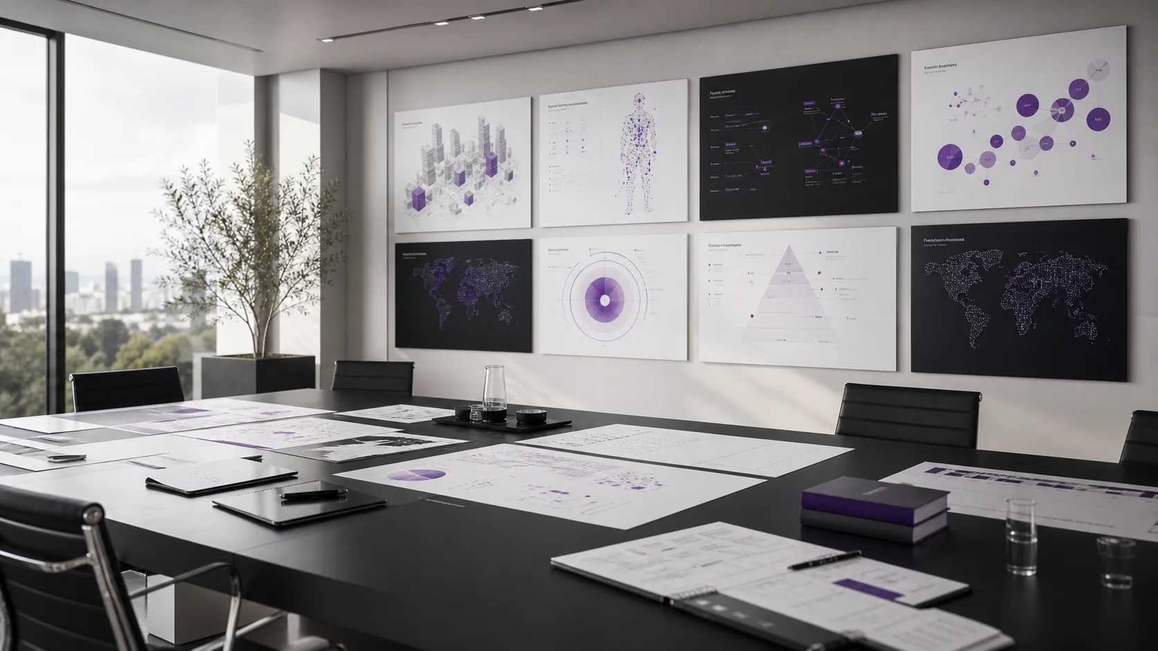 Sector strategy room with industry portfolio maps and category intelligence boards