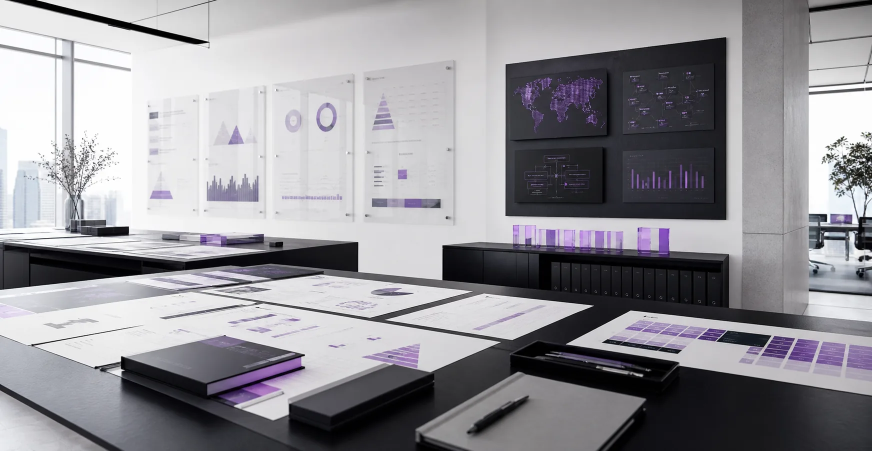 Premium consulting visual showing service capabilities, strategic marketing workflows, and growth priorities
